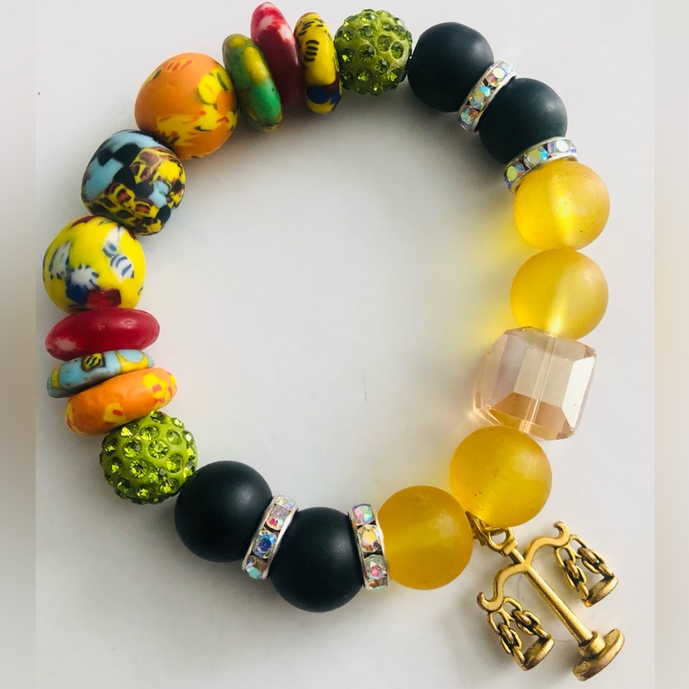 Multicolored African Beaded Bracelet with Gold Charm